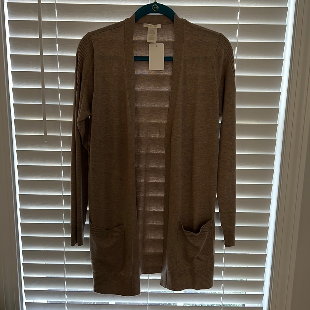 Lightweight Tope/Nude Open Cardigan with Pockets and Rib Details, size M, NWT
